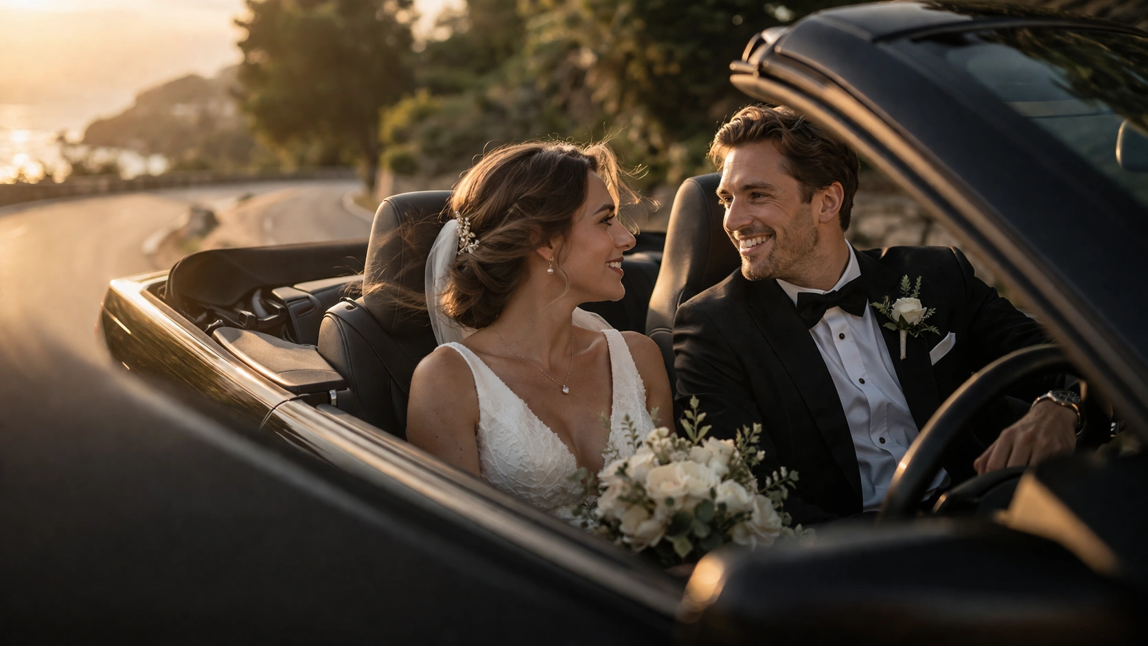 Brautpaar genießt eine stilvolle Fahrt in einem Luxus-Sportwagen an ihrem Hochzeitstag